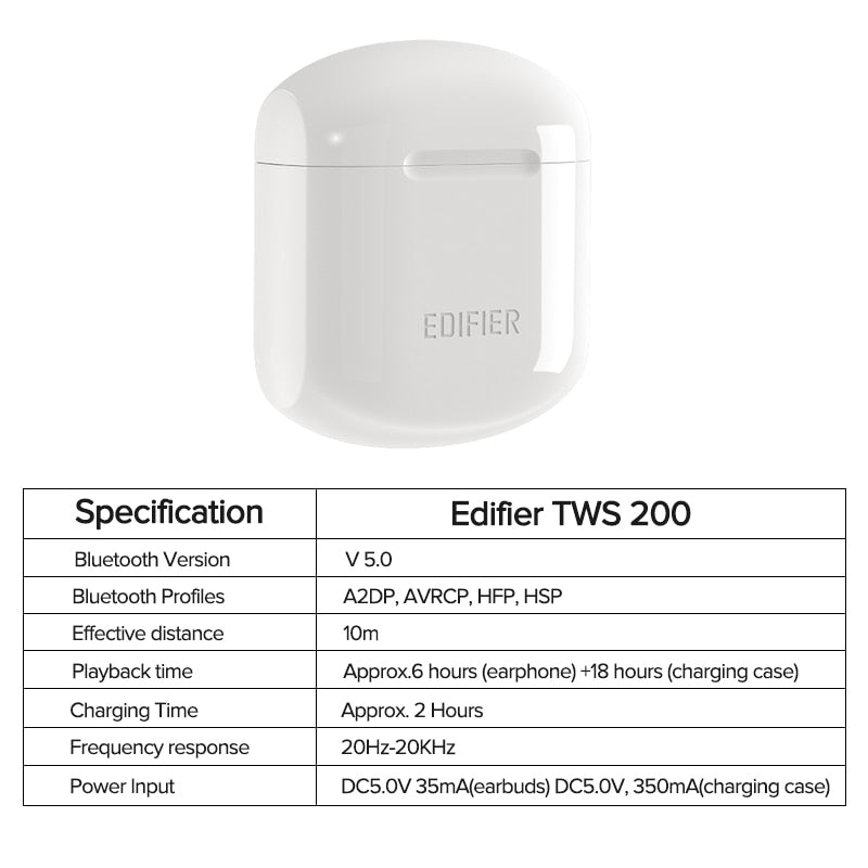 Edifier TWS200 TWS True Wireless Bluetooth Earbuds BT 5.0 Earphone 24hour Play IPhone Android 2020